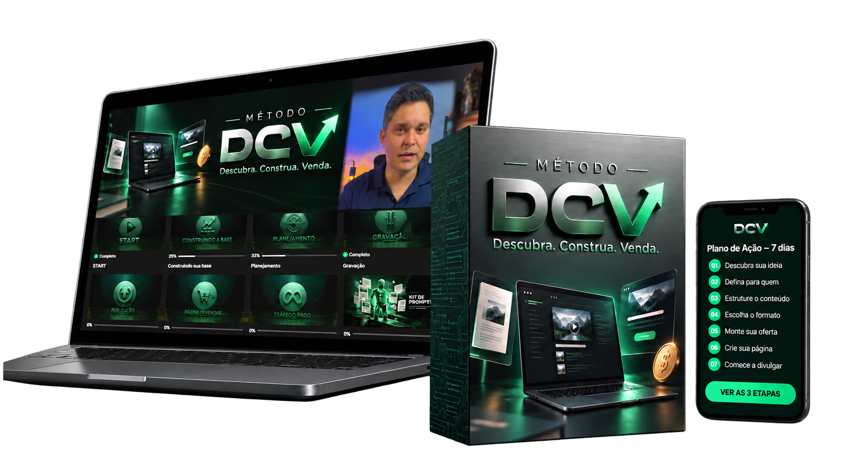 Método DCV — Notebook com aulas, box do método e celular com plano de ação de 7 dias